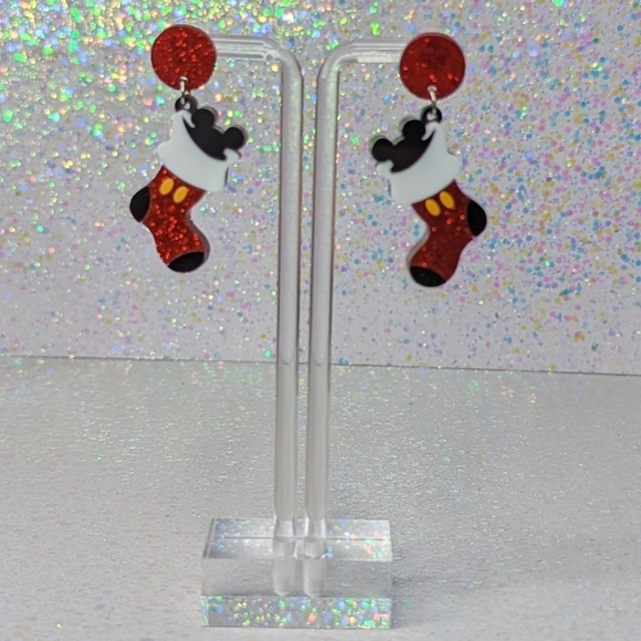 Mickey Mouse red glitter stocking acrylic drop earrings - Picture 2 of 8